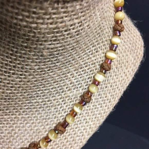 Brown Beige Moonstone Necklace Knotted Cord Seed Bead Gold Retro Boho - Picture 4 of 6